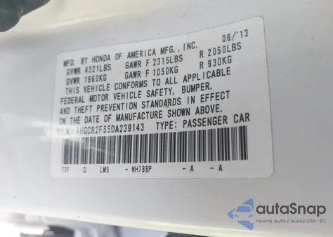 2013 Honda Accord Sport z USA, uszkodzony, nr VIN 1HGCR2F55DA239143